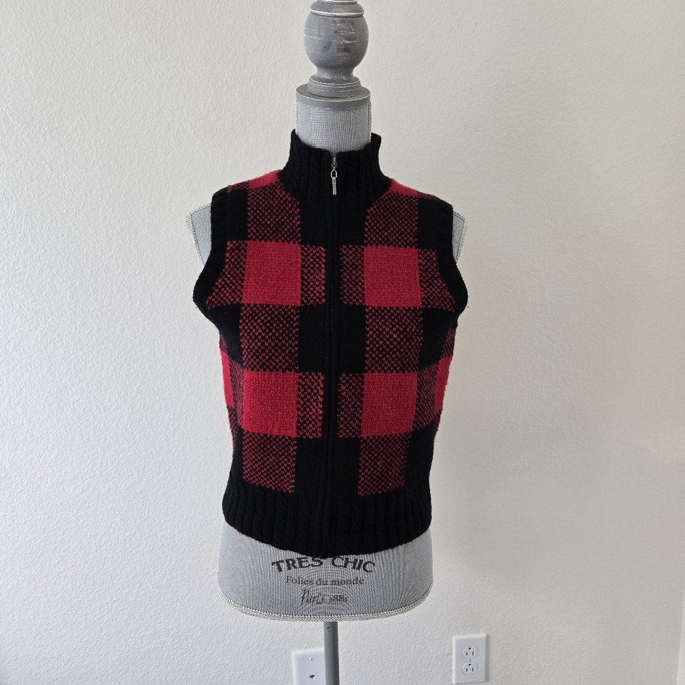 Ralph Lauren Womens Vest Medium Vintage Full Zip Hand Knit 100% Lambs Wool Check